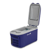 Mini frigo Łucznik 8 litri azzurro con coperchio aperto e scomparti per bevande