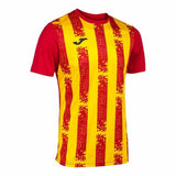 Maglia calcio bambini Joma a maniche corte con design giallo e rosso, ideale per sport e attività all'aria aperta