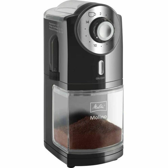 Macinacaffè elettrico Melitta in nero con regolazione della macinatura e contenitore per polvere