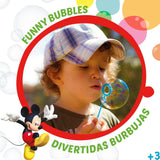 Giocattolo bolle di sapone Mickey Mouse con un bambino che soffia per creare bolle colorate