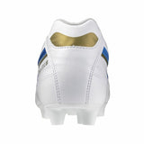 Scarpe calcio adulte Mizuno Morelia II Club, design bianco con dettagli blu e dorati per prestazioni elevate