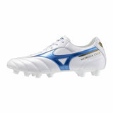 Scarpe calcio adulte Mizuno Morelia II Club in bianco e blu con suola per terreni erbosi