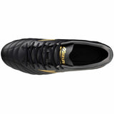 Scarpe da calcio Mizuno uomo nere con dettagli dorati e lacci per prestazioni elevate in campo