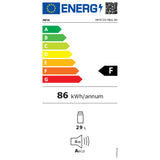 Etichetta energetica di un mini frigo nero basso consumo con classe F e consumo annuale di 86 kWh
