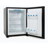 Mini frigo nero basso consumo con interno bianco e ripiani regolabili per un facile utilizzo in cucina