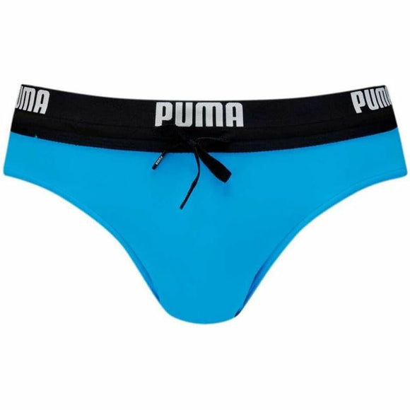 Costume da bagno uomo Puma in blu con fascia nera e logo distintivo, ideale per sport acquatici