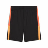 Pantaloncini calcio Puma uomo neri con dettagli arancioni e gialli per attività sportive all'aperto