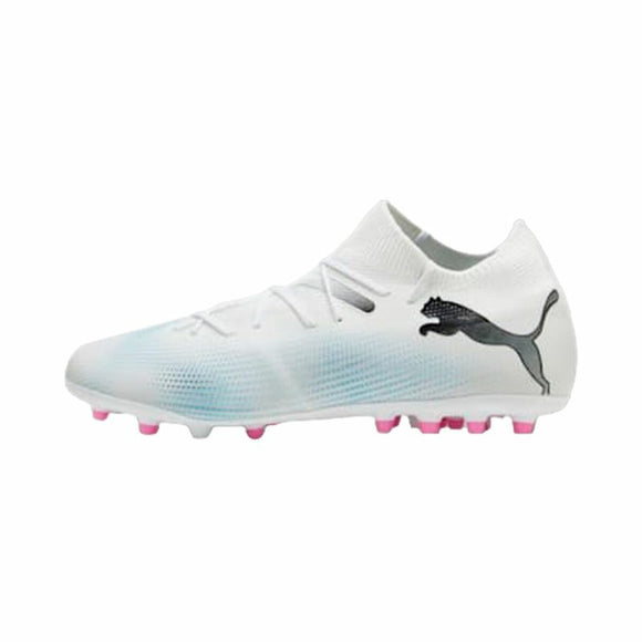 Scarpe da calcio Puma Future 7 uomo, bianche con dettagli rosa e logo Puma per prestazioni elevate sul campo.