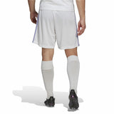 Short calcio ufficiali Real Madrid 2023 bianchi con dettagli viola, per praticare sport comodamente