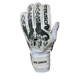 Guanti da portiere junior Reusch bianchi con grafica nera e design ergonomico per giovani calciatori