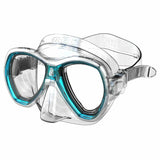 Maschera da sub Seac con design trasparente e guarnizioni blu, ideale per sport acquatici