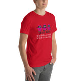 T-shirt rossa Squid Game con grafiche dei personaggi e simboli iconici del gioco