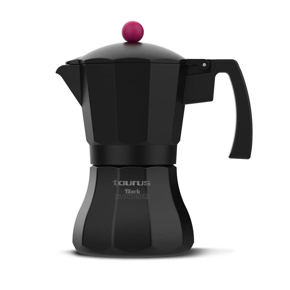 Caffettiera italiana 3 tazze Taurus in nero con pomello rosa e design elegante
