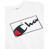 Tuta bambini Champion originale con logo grande in bianco e rosso su sfondo bianco