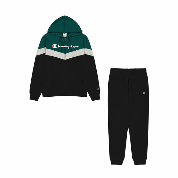 Tuta Champion verde oliva uomo con felpa con cappuccio e pantaloni abbinati, ideale per sport all'aria aperta.