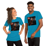 T-shirt unisex sax jazz blu con stampa di un musicista jazz che suona il sassofono