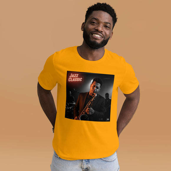 T-shirt unisex sax jazz arancione con immagine di un sassofonista e testo Jazz Classic