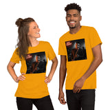 T-shirt unisex sax jazz color arancione con grafica di un musicista jazz che suona il sassofono