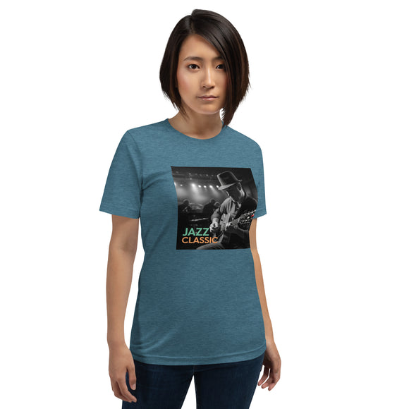 T-shirt chitarra classica musica in blu con grafica di musicista jazz sul davanti