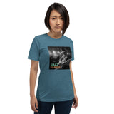 T-shirt chitarra classica musica in blu con grafica di musicista jazz sul davanti