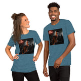 T-shirt unisex sax jazz con stampa di un musicista jazz e un design elegante e moderno