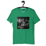T-shirt chitarra classica musica verde con stampa di un musicista jazz che suona la chitarra