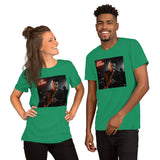 T-shirt unisex sax jazz verde con stampa di un musicista jazz che suona il sassofono