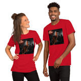 T-shirt unisex sax jazz rossa con stampa di artista jazz che suona il sassofono