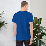 Maglietta blu unisex di Arts Shopping vista sul retro con piante in fondo