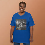 T-shirt chitarra classica musica con stampa jazzy su sfondo blu, ideale per amanti della musica