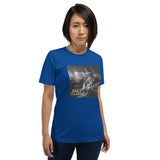 T-shirt chitarra classica musica in blu con stampa di un musicista che suona la chitarra