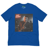 T-shirt unisex sax jazz blu con stampa di un musicista che suona il sassofono