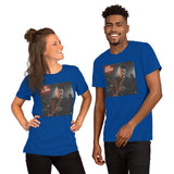 T-shirt unisex sax jazz in blu con stampa di un musicista jazz che suona il sassofono
