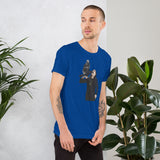Maglietta blu di Arts Shopping con grafica di un uomo e un uccello, ideale per look casual e unici