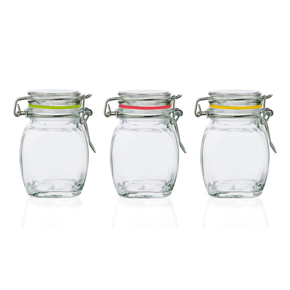 Set di tre vasi vetro trasparente 10 cl con chiusura ermetica per conservazione e organizzazione