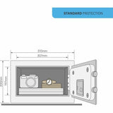 Schema della cassaforte Yale YSV/200/DB2 mostrante dimensioni e contenuto interno come fotocamera e orologio