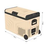Mini frigo portatile Yolco in beige, con ruote e maniglie, perfetto per campeggio e viaggi