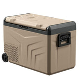Mini frigo portatile Yolco in colore beige con ruote e maniglia per facile trasporto